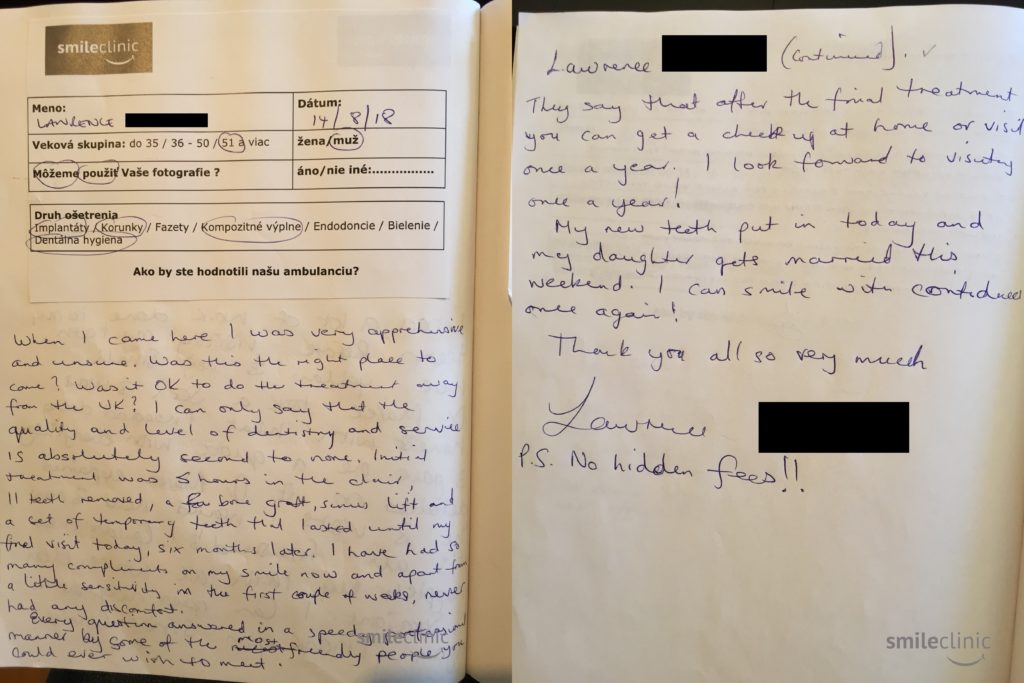 Vlastnoručne písaná recenzia pacienta po absolvovaní ošetrenia v anglickom jazyku